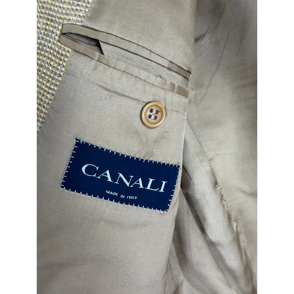 Canali Mens Silk Linen Wool Blazer Tan Gold Houndstooth Sport Coat Italy 54 L